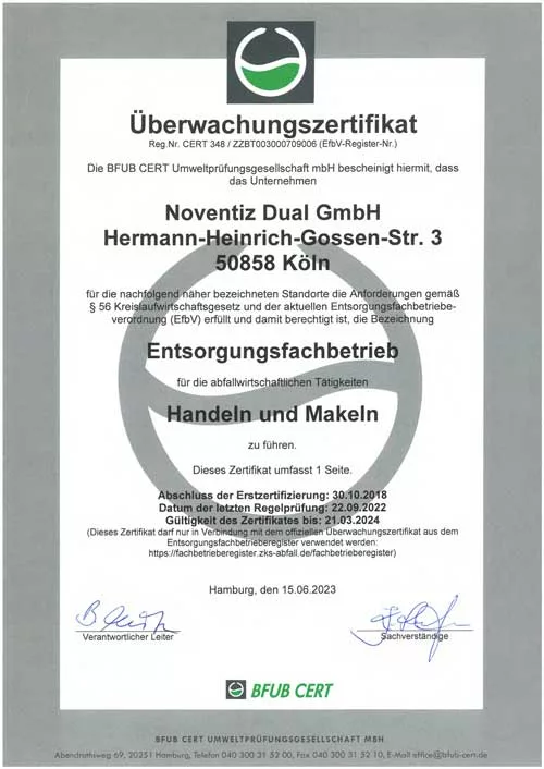 Noventiz_Zertifikat: Zertifizierter Entsorgungsfachbetrieb