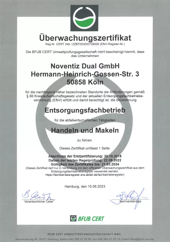 Noventiz_Zertifikat: Zertifizierter Entsorgungsfachbetrieb
