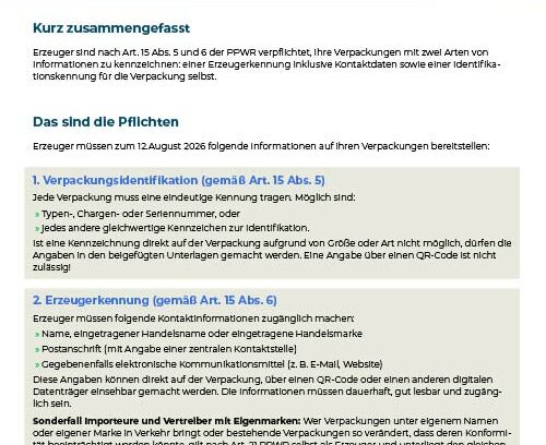 Bild der Praxisübersicht zu Artikel 15 PPWR mit Anforderungen an Erzeugerkennung, Verpackungsidentifikation, Kennzeichnung und Aufbewahrungspflichten.