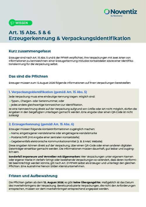 Bild der Praxisübersicht zu Artikel 15 PPWR mit Anforderungen an Erzeugerkennung, Verpackungsidentifikation, Kennzeichnung und Aufbewahrungspflichten.
