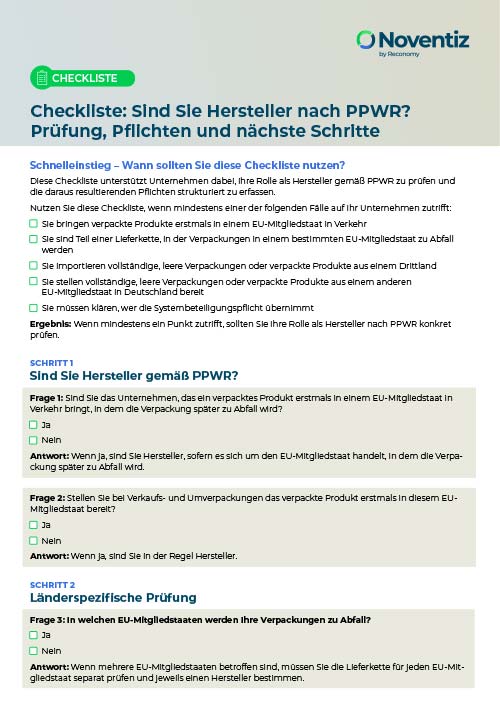 Bild der Checkliste mit der Unternehmen ihre Rolle als Hersteller nach PPWR prüfen.