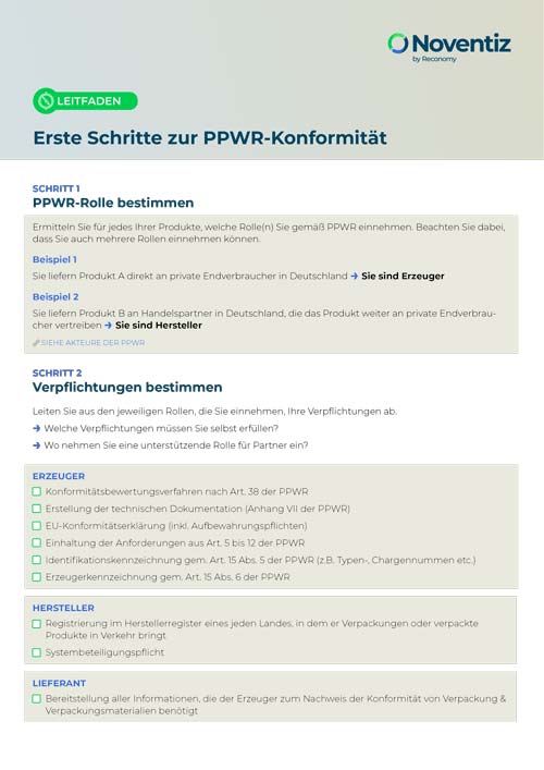Bild des Praxisleitfaden für Unternehmen zur Bestimmung von PPWR-Rollen, Pflichten und ersten Schritten auf dem Weg zur PPWR-Konformität.